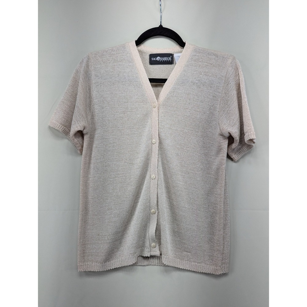 Sag Harbor Petite Beige Button Down Short Sleeve Knit Cardigan Top
